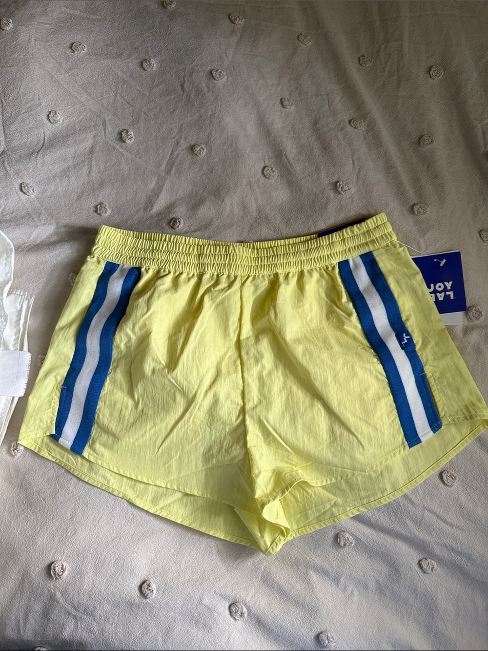 Joy Lab Yellow Athletic Shorts with Blue & White Side Stripes